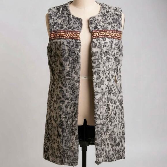 uncle frank Jackets & Blazers - Uncle Frank Faux Fur Vest Gray Leopard Beaded Long Women Small